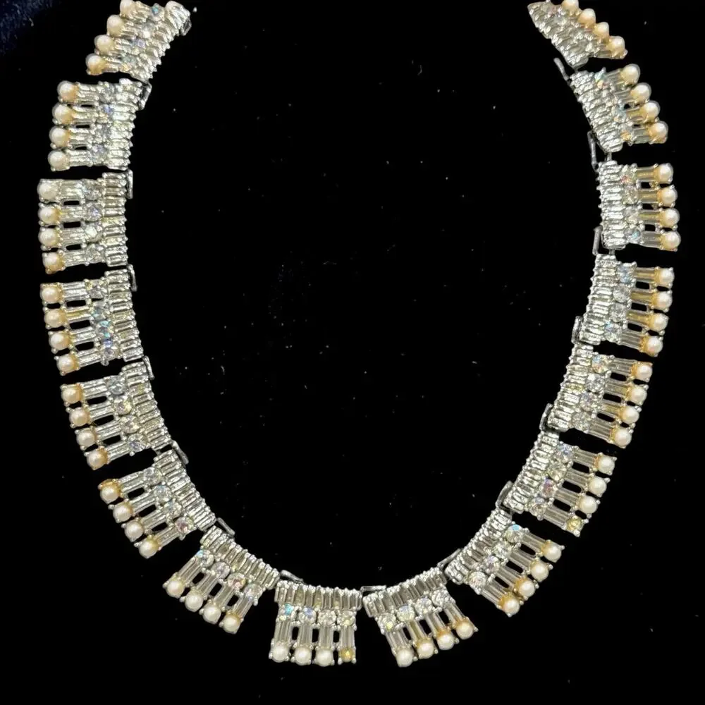 Vintage 1950s Coro AB Rhinestone Baguette Faux Pearl Fringe Choker Necklace 16”